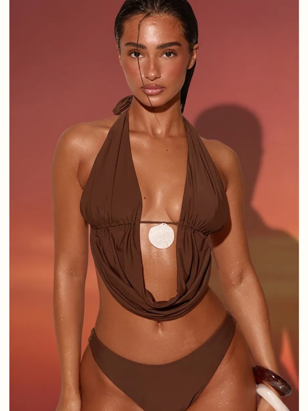 Women's Brown Draped Halter Bikini Top